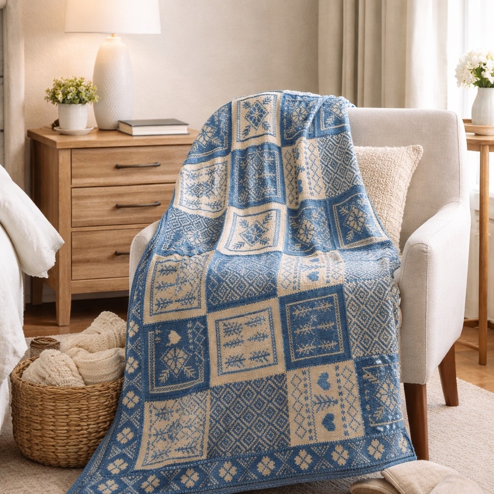 Blue and Cream Patchwork Knit Throw Blanket by